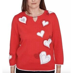 Alfred Dunner Wild At Heart Red Knit Top Womens 3/4 Sleeve Sweater Medium Petite